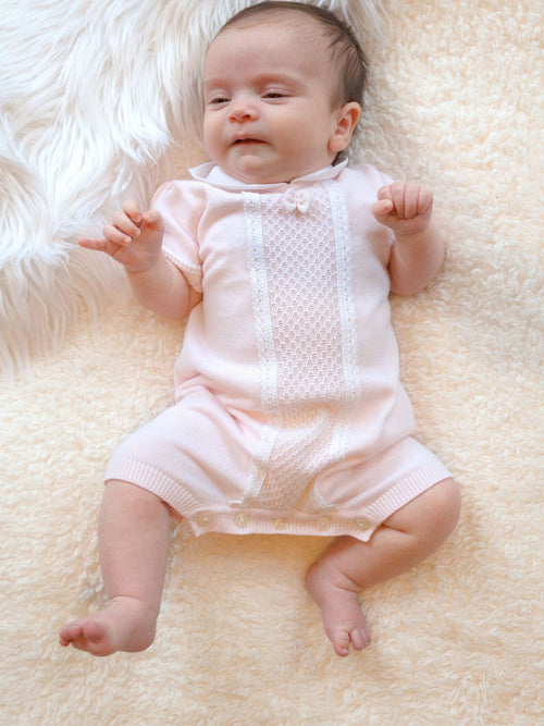 Emile Et Rose Pink Layla Knitted Romper With Lace Trimmed Panel & Collar image 1