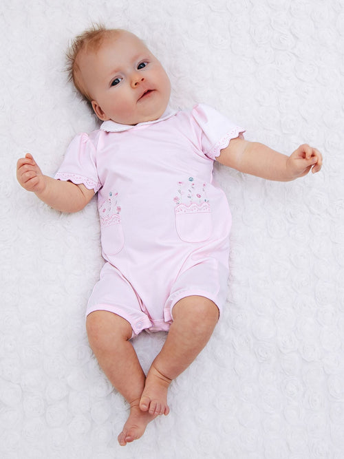 Emile Et Rose Pink Louise Stretch Romper With Floral Embroidery Pockets & Collar image 1