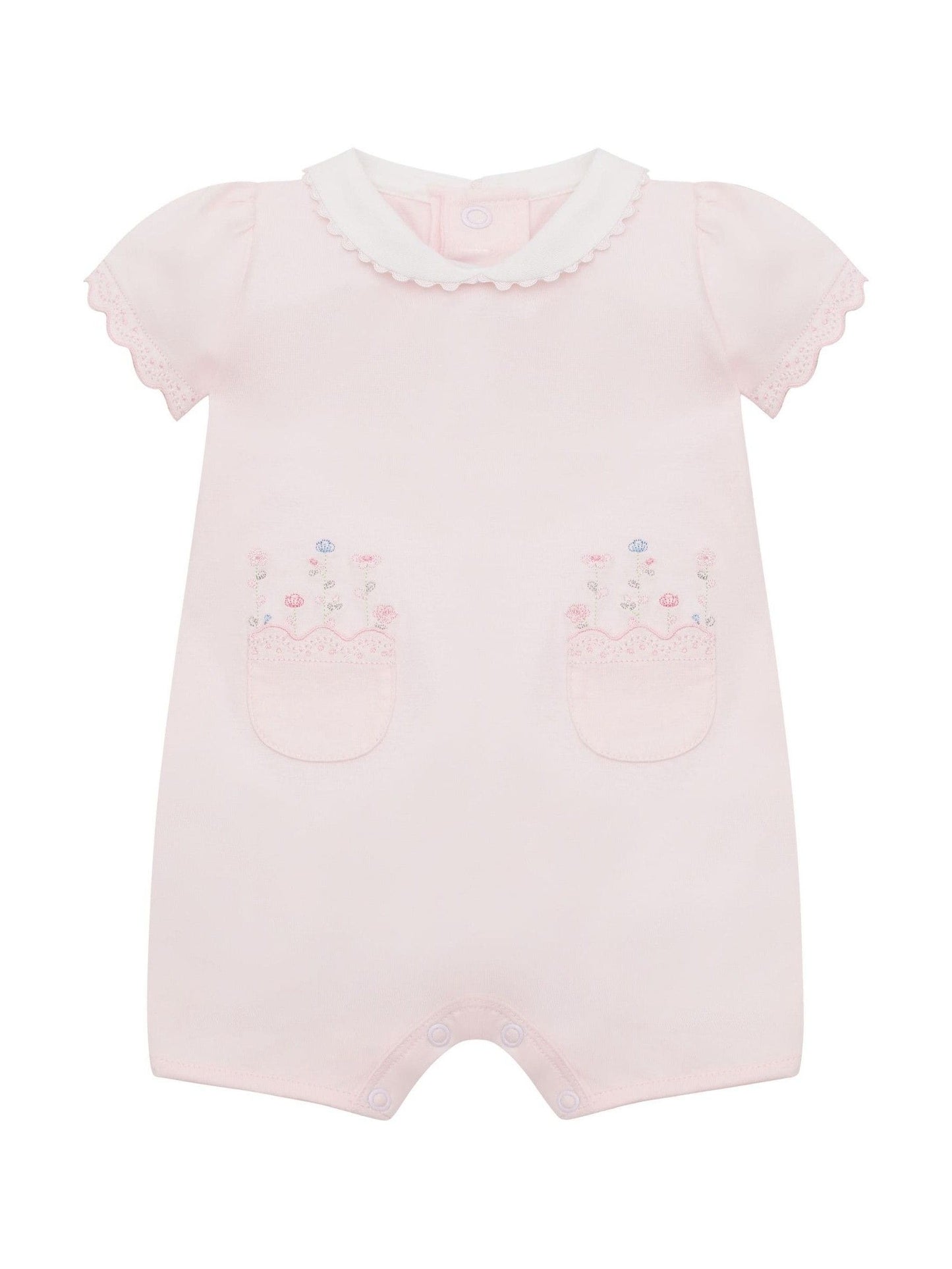 Emile Et Rose Pink Louise Stretch Romper With Floral Embroidery Pockets & Collar image 2