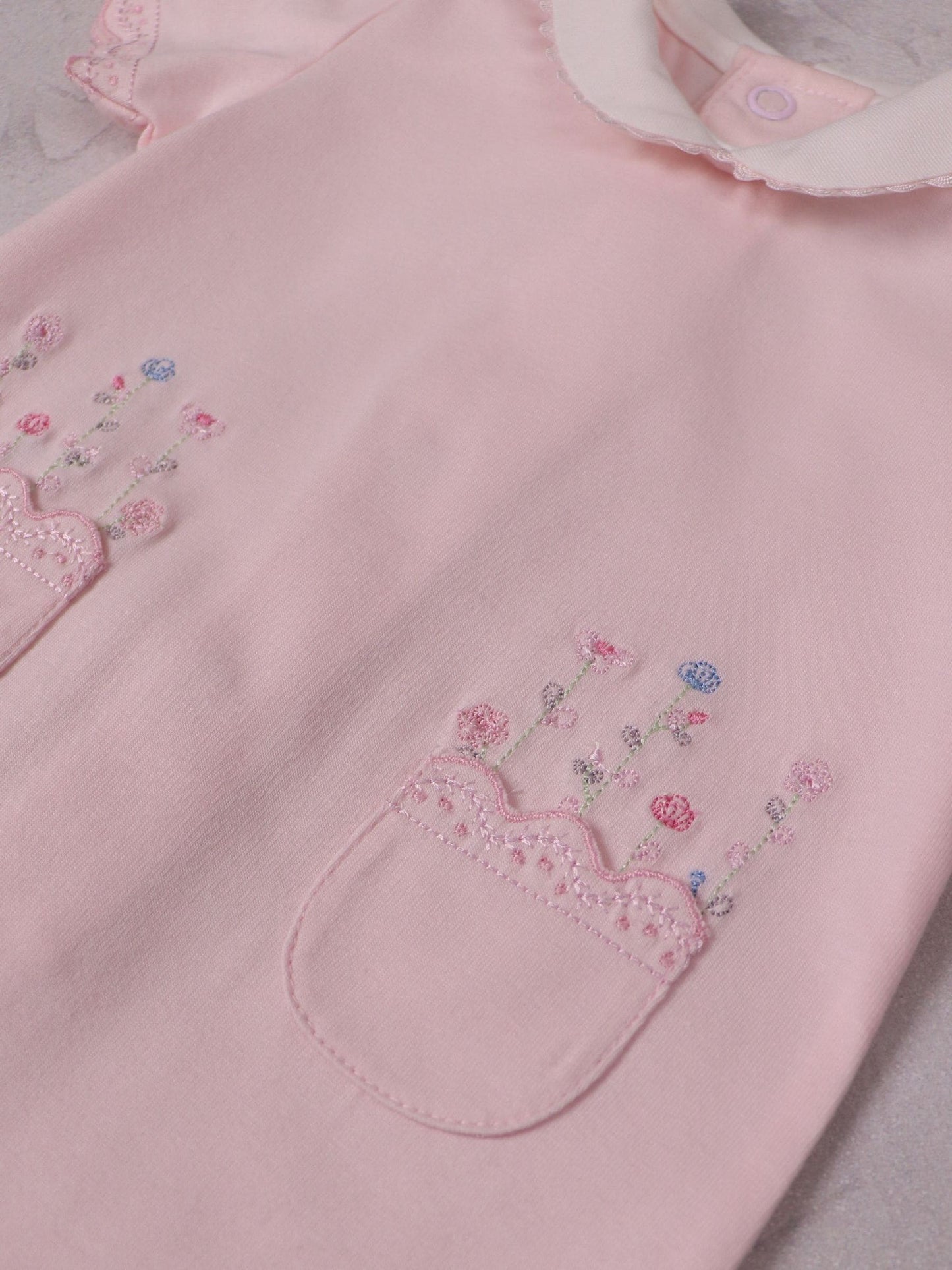 Emile Et Rose Pink Louise Stretch Romper With Floral Embroidery Pockets & Collar image 4