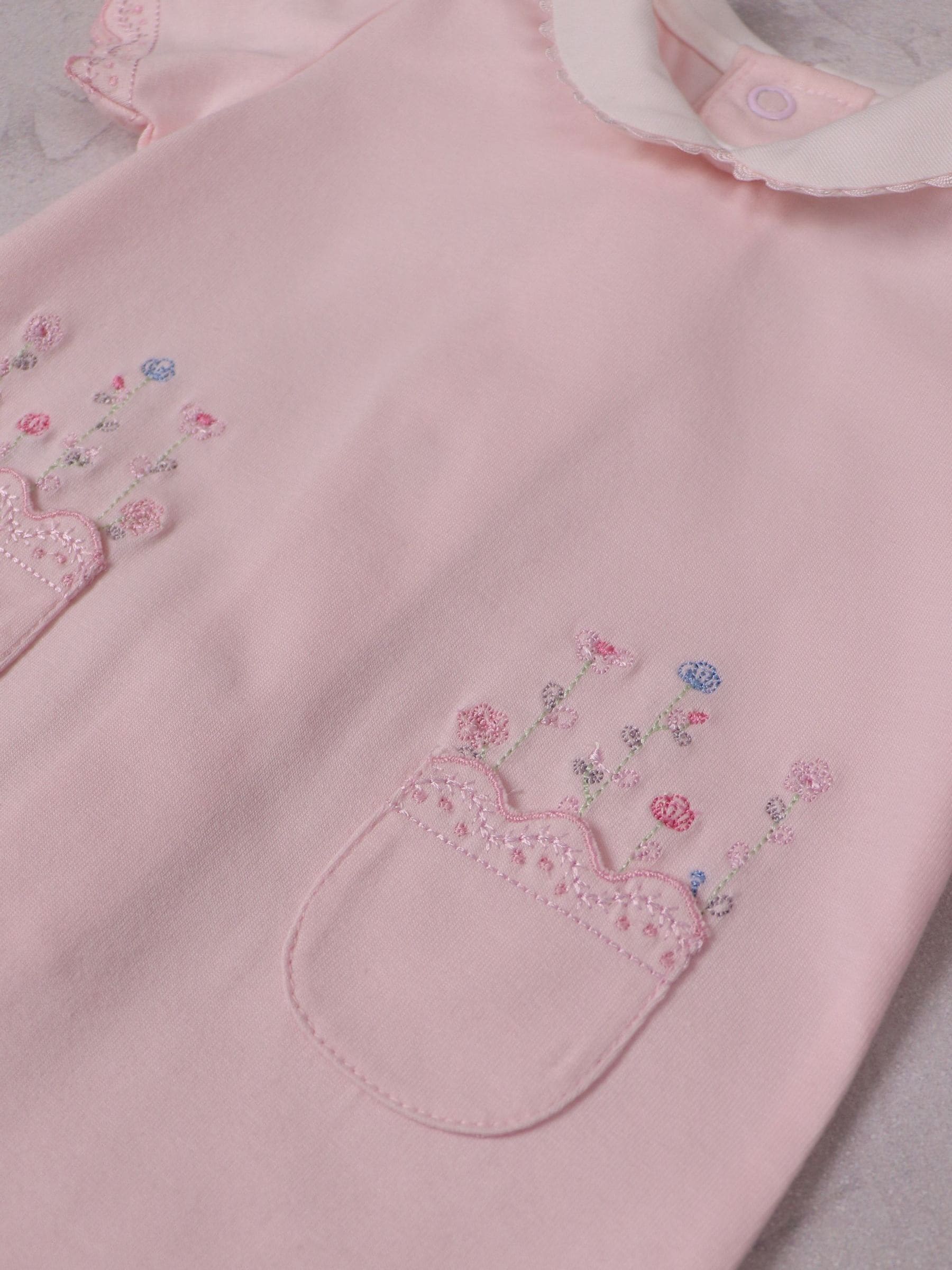 Emile Et Rose Pink Louise Stretch Romper With Floral Embroidery Pockets & Collar image 4