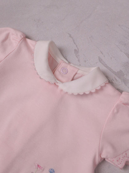 Emile Et Rose Pink Louise Stretch Romper With Floral Embroidery Pockets & Collar image 5