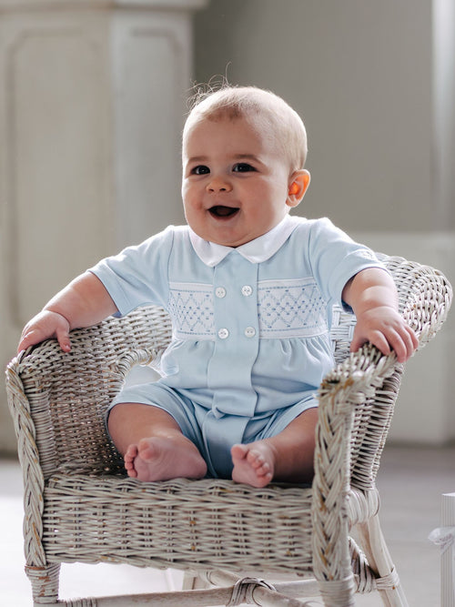 Emile Et Rose Blue Lawrence Romper With Mock Smock Embroidered Panel & Collar image 1