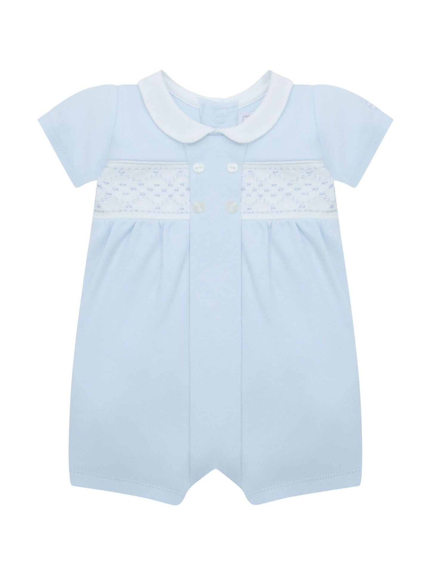 Emile Et Rose Blue Lawrence Romper With Mock Smock Embroidered Panel & Collar image 2