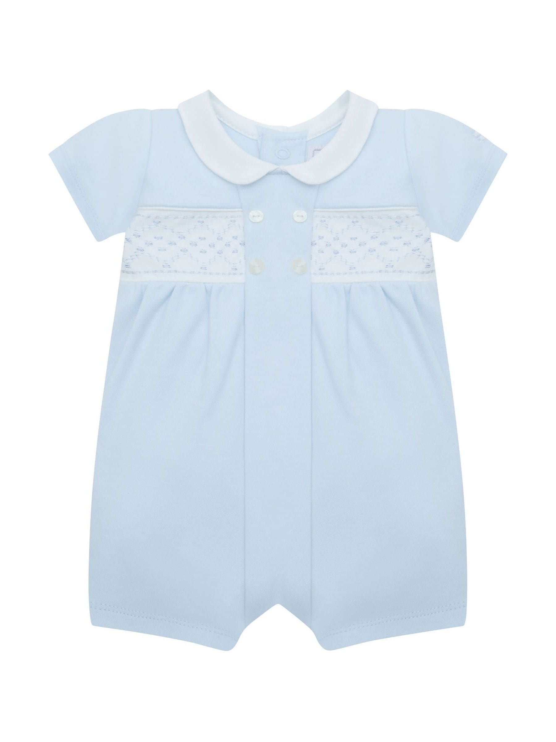 Emile Et Rose Blue Lawrence Romper With Mock Smock Embroidered Panel & Collar image 2