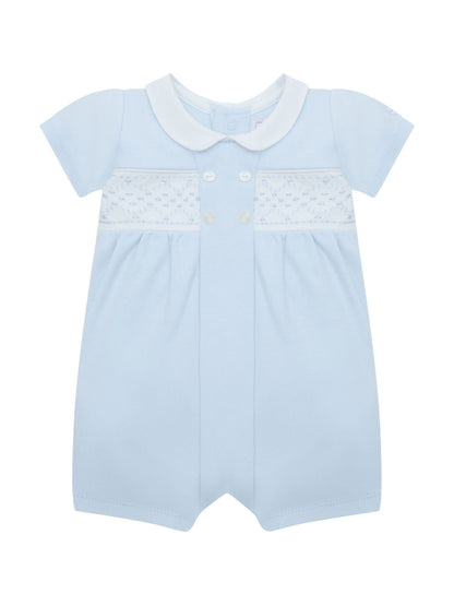 Emile Et Rose Blue Lawrence Romper With Mock Smock Embroidered Panel & Collar image 2