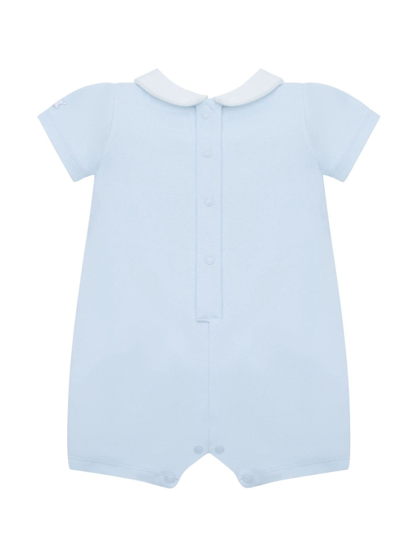 Emile Et Rose Blue Lawrence Romper With Mock Smock Embroidered Panel & Collar image 3