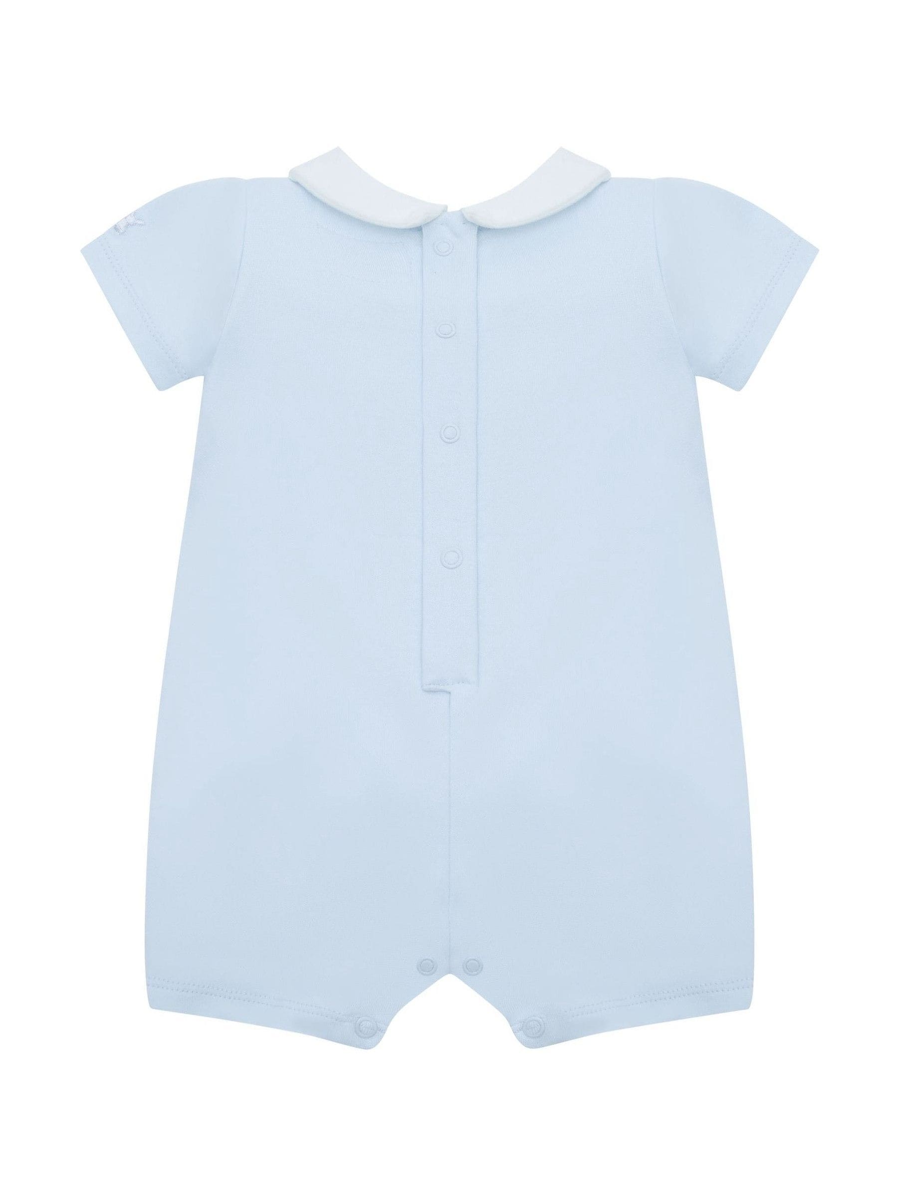 Emile Et Rose Blue Lawrence Romper With Mock Smock Embroidered Panel & Collar image 3