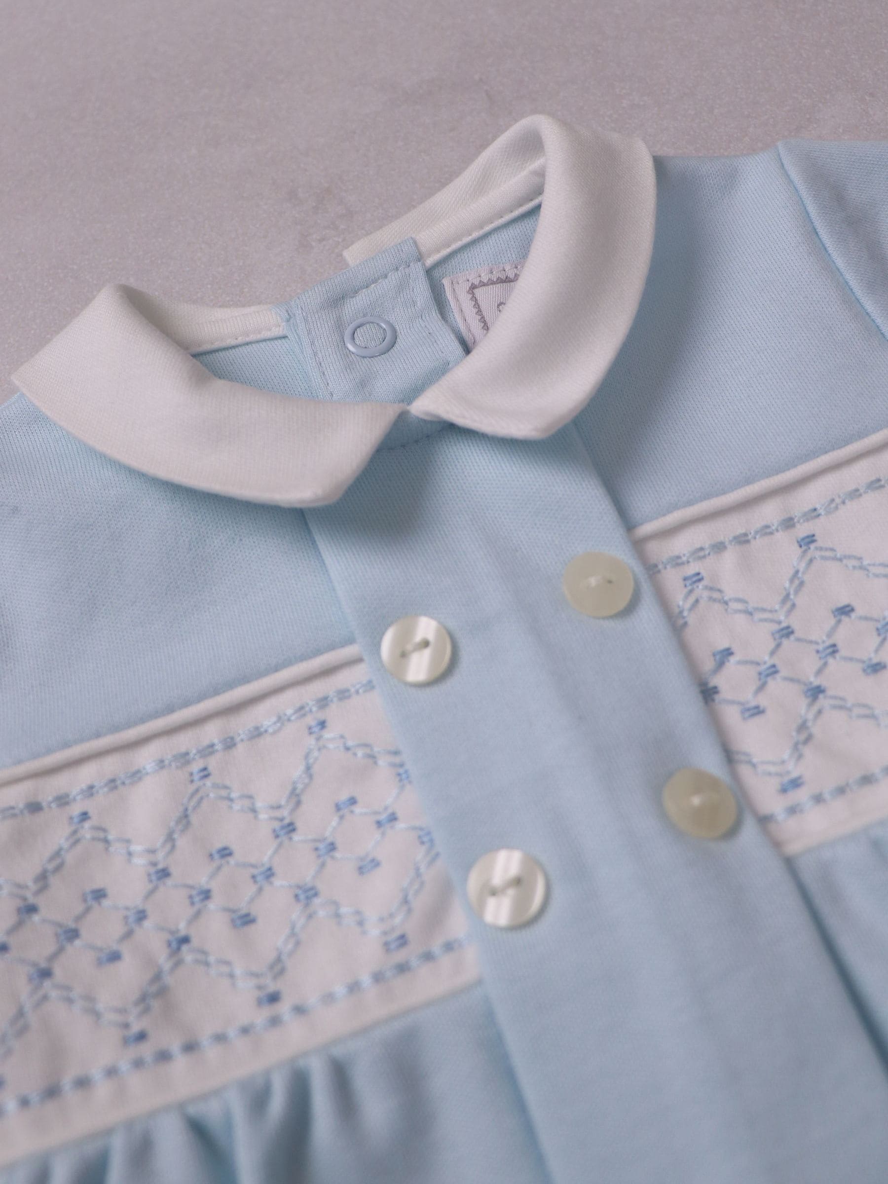 Emile Et Rose Blue Lawrence Romper With Mock Smock Embroidered Panel & Collar image 4