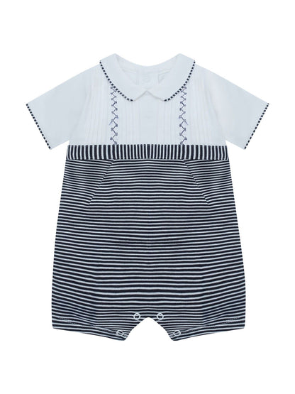 Emile Et Rose Blue Leo Pleated Embroidered Yoke Stripe Lower & Collar Romper image 2