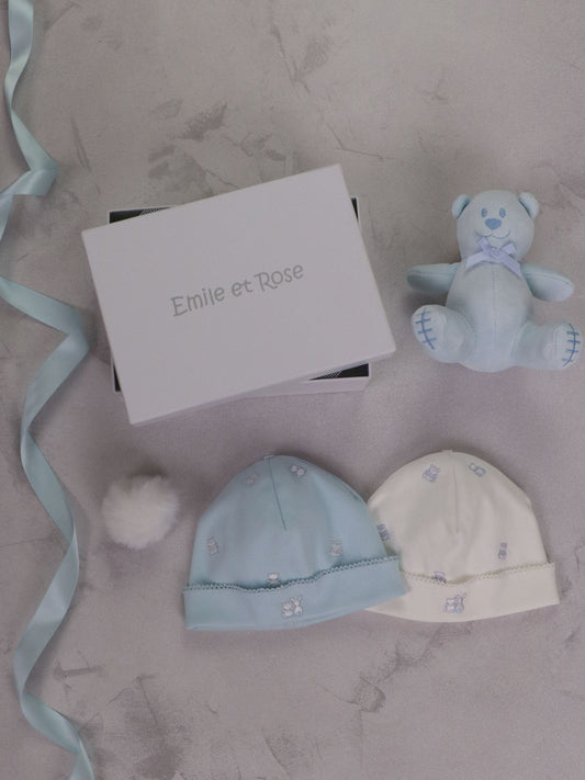 Emile Et Rose Blue Linden Two Hat Gift Set With Embroidered Teddy & Toy image 1