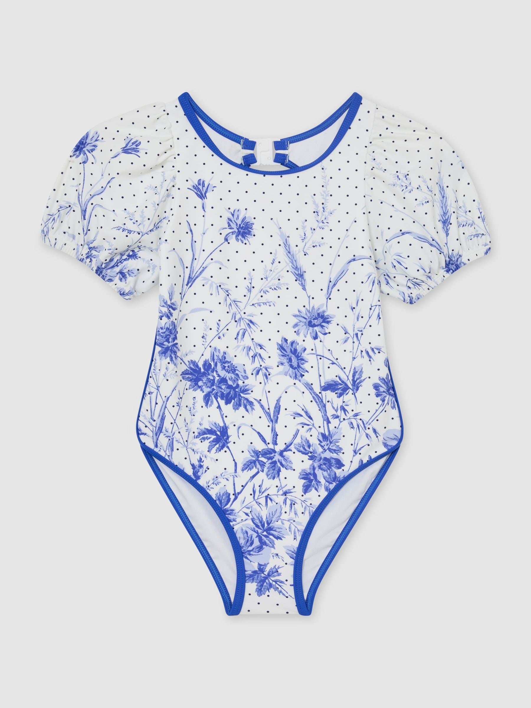 Reiss Blue Print Clemmie 3-9 yrs Floral Print Puff Sleeve Swimsuit image 1