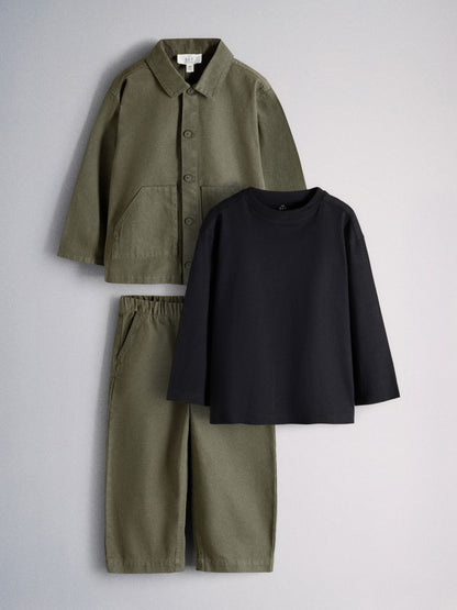 The Set 3 Piece Set Twill Shacket and Trousers with T-Shirt Green/Black - image 1