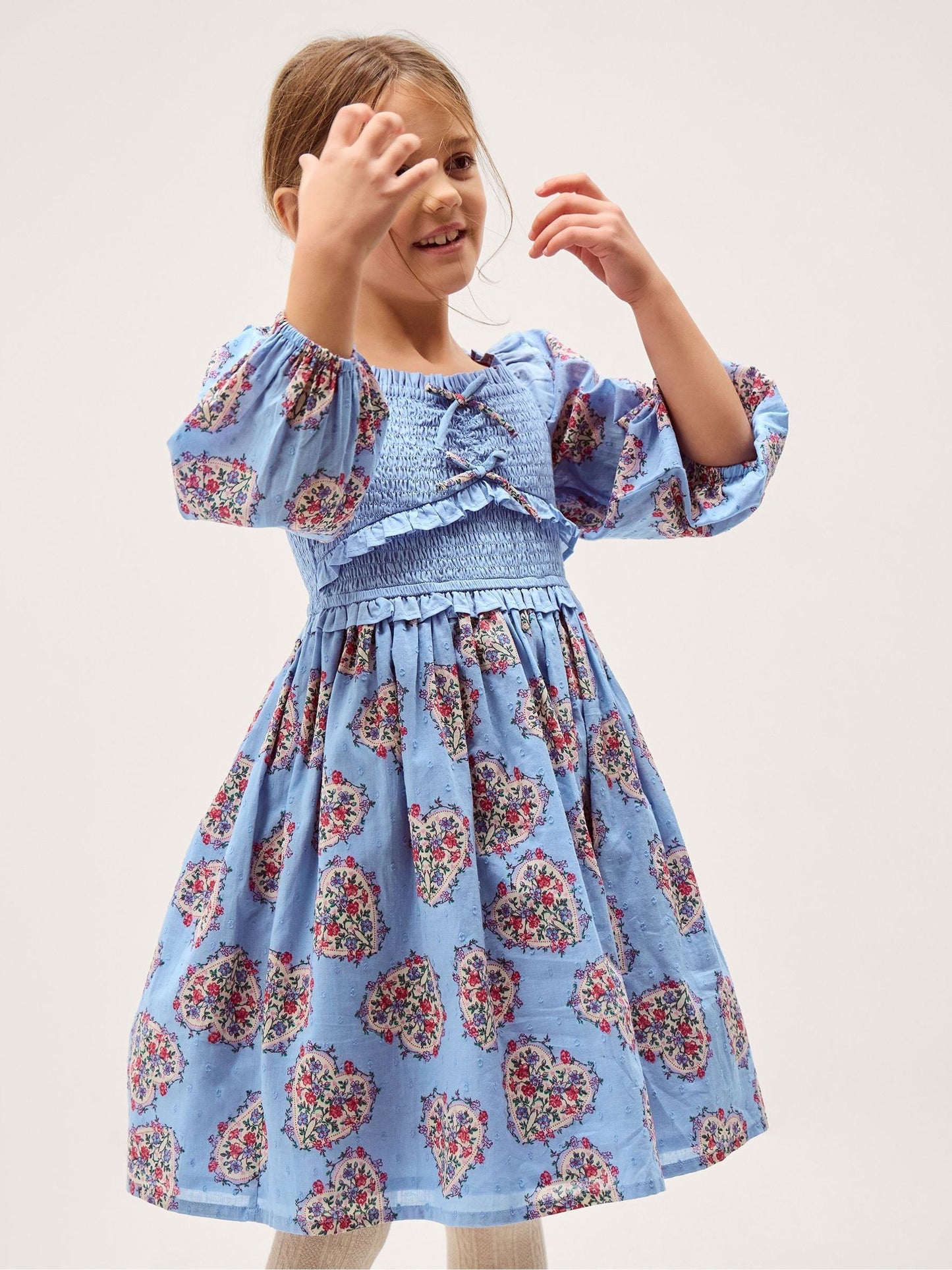 Monsoon Blue Floral Heart Long Sleeve Smocked Dress image 1