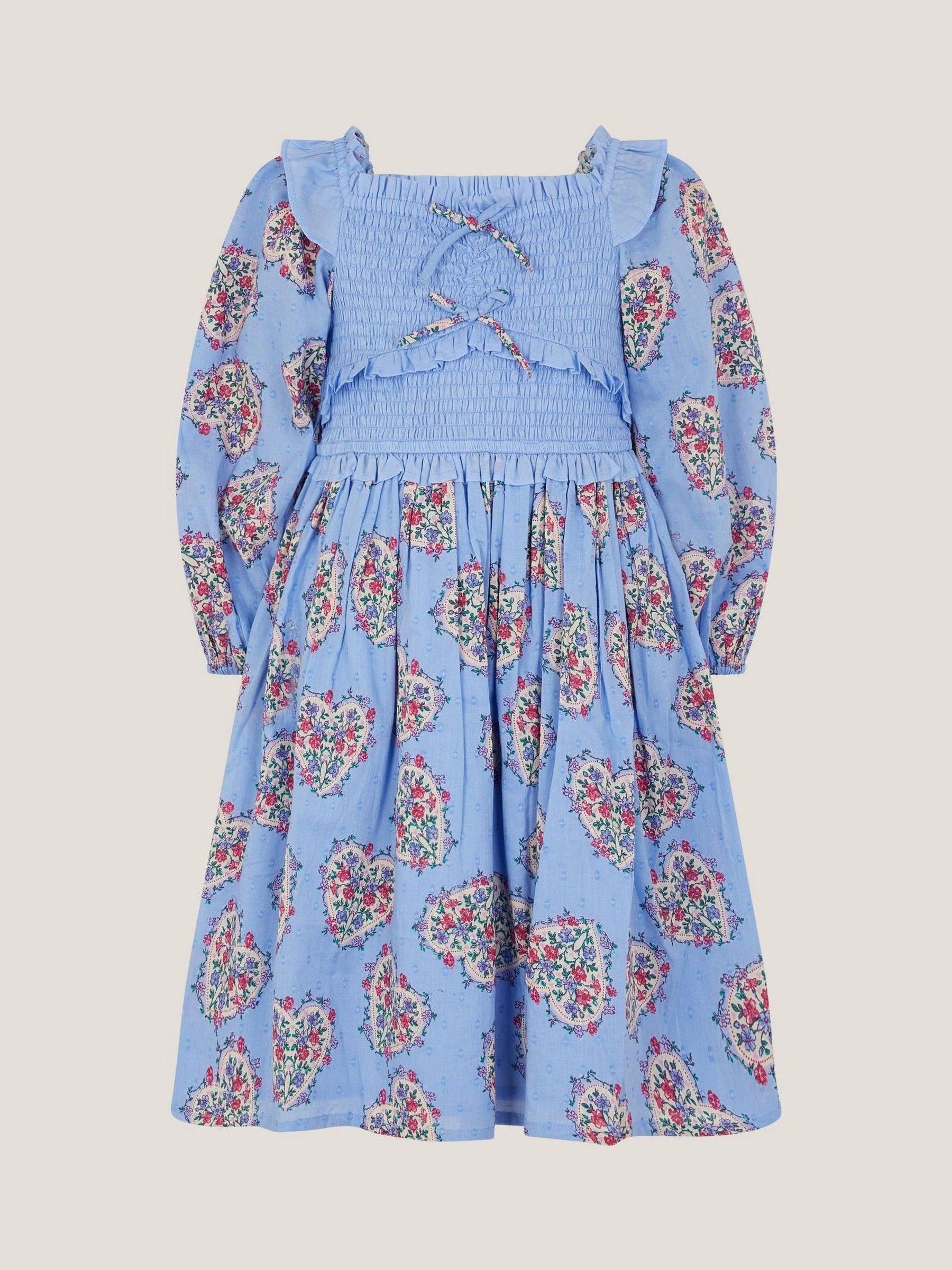 Monsoon Blue Floral Heart Long Sleeve Smocked Dress image 2