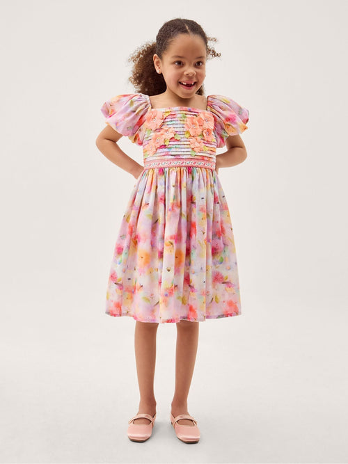 Monsoon Pink Floral Broderie Puff Sleeve Party Dress image 1