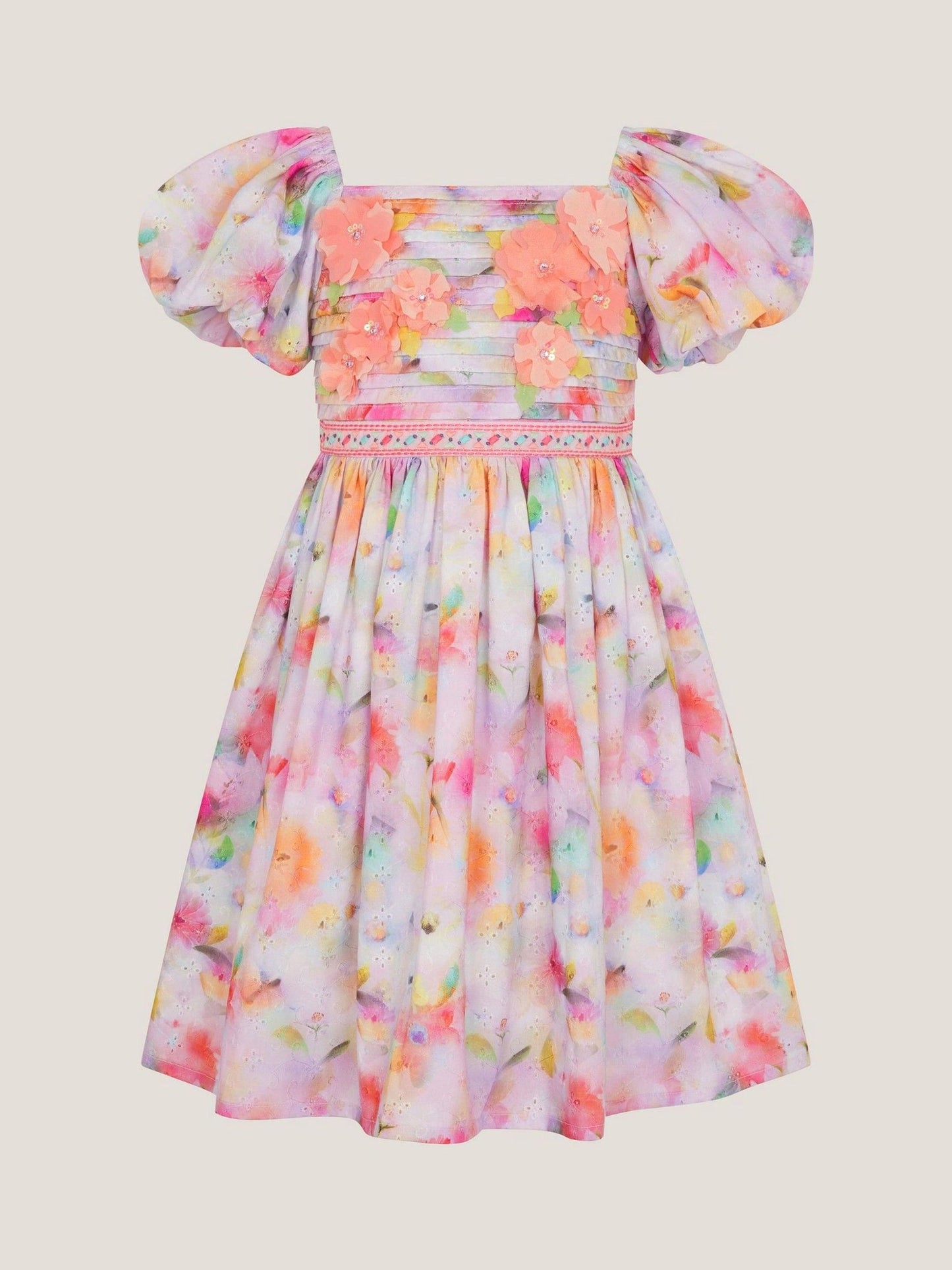 Monsoon Pink Floral Broderie Puff Sleeve Party Dress image 2