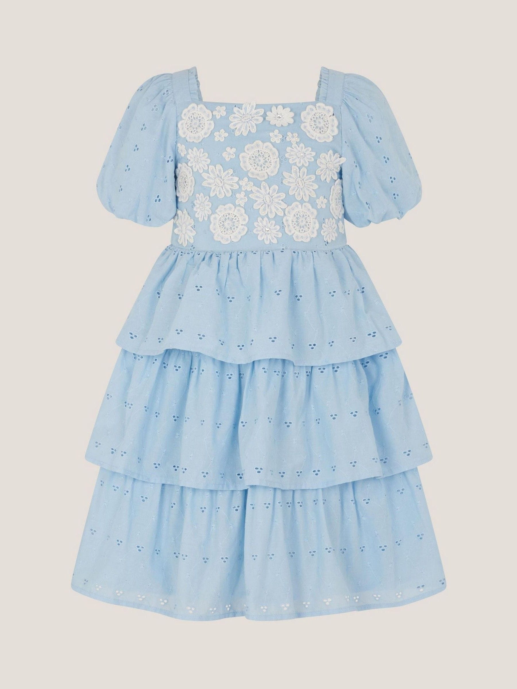 Monsoon Blue Floral Broderie Puff Sleeve Tiered Dress image 1