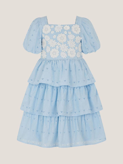 Monsoon Blue Floral Broderie Puff Sleeve Tiered Dress image 1