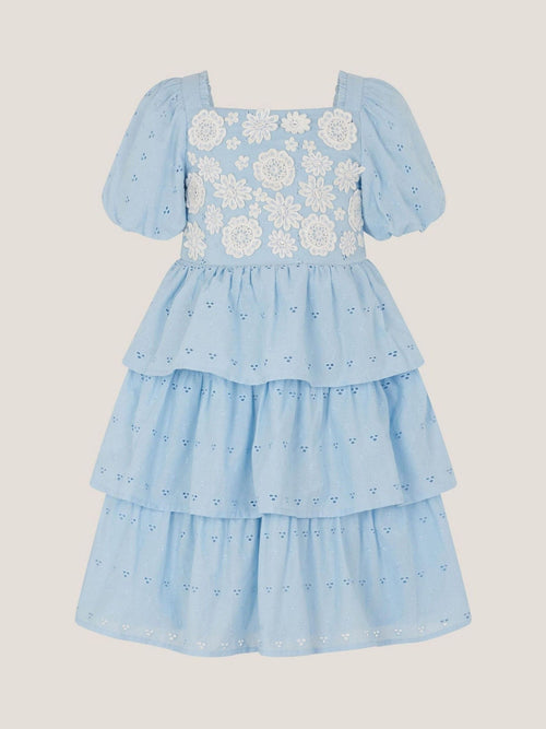 Monsoon Blue Floral Broderie Puff Sleeve Tiered Dress image 1