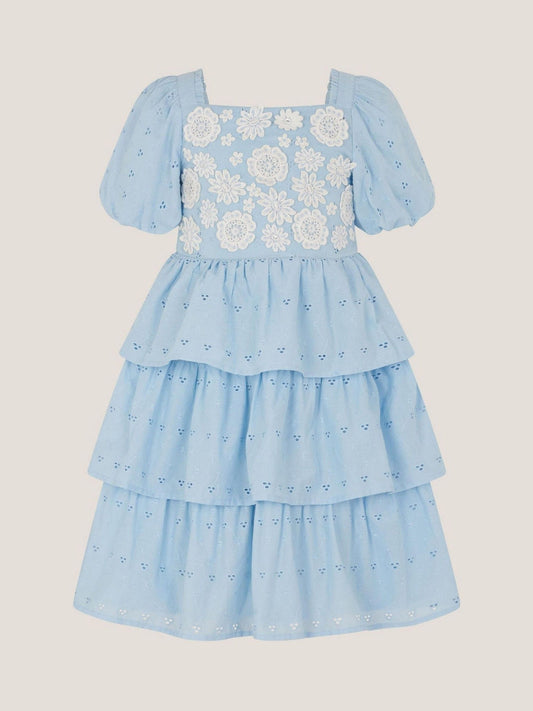 Monsoon Blue Floral Broderie Puff Sleeve Tiered Dress image 1
