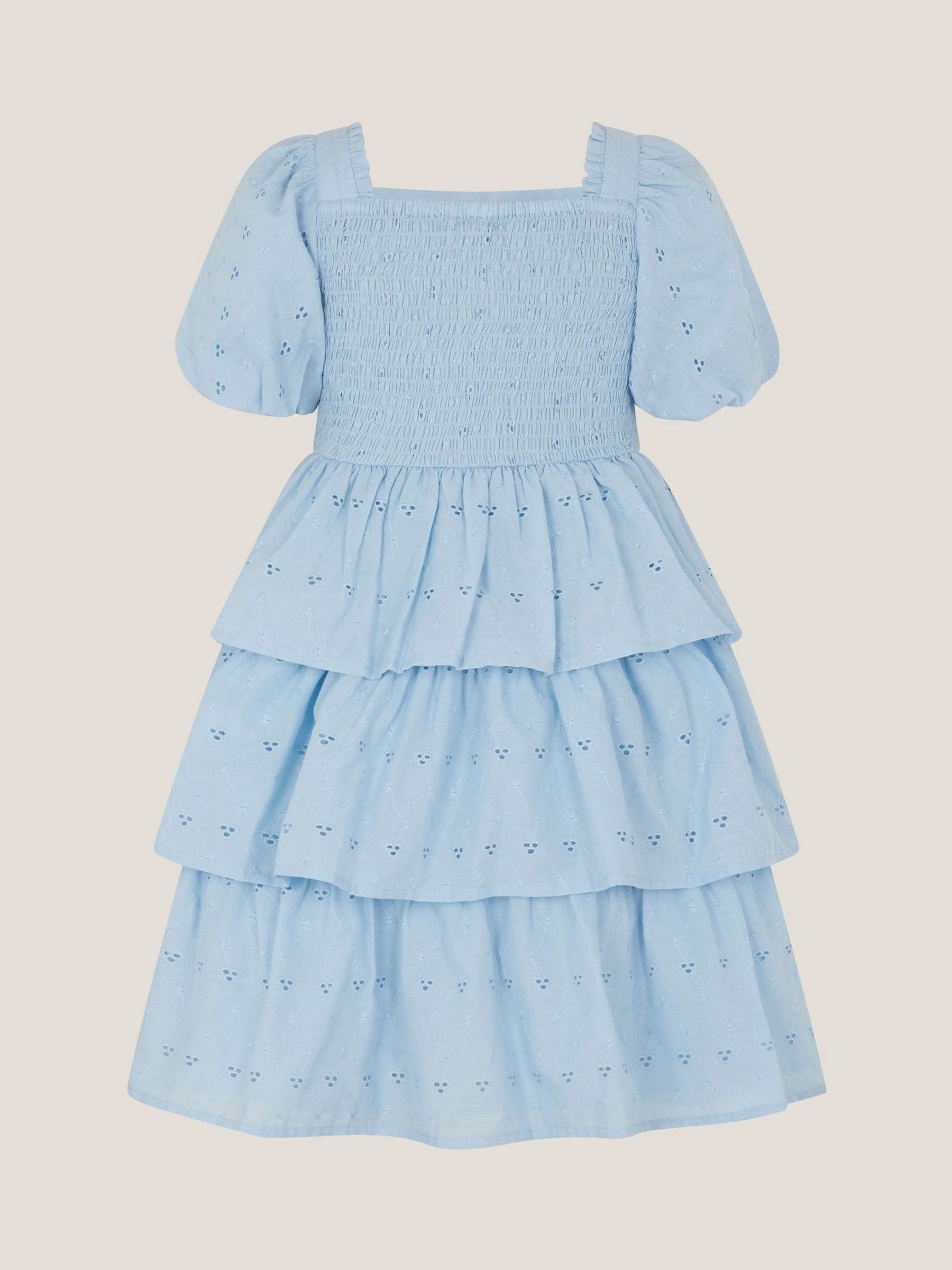 Monsoon Blue Floral Broderie Puff Sleeve Tiered Dress image 2