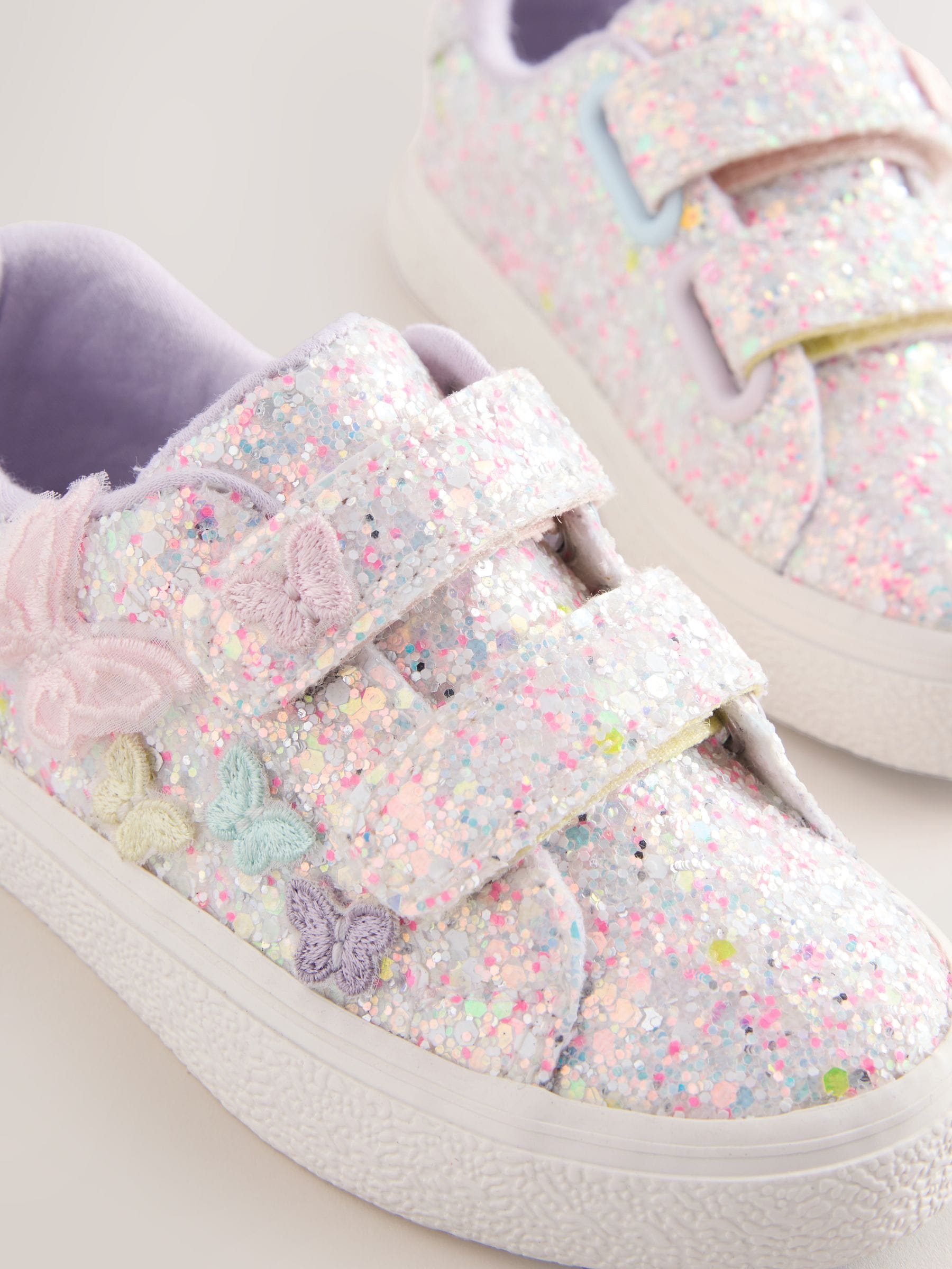 Multi Pastel Glitter Wide Fit (G) Butterfly Touch Fasten Strap Trainers image 4