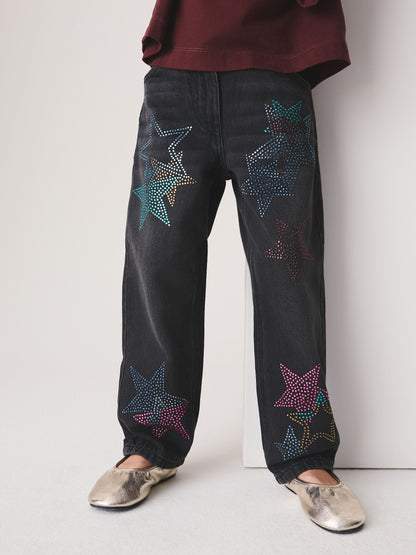 Charcoal Grey Star Diamante Straight Leg Jeans (3-16yrs) - image 1