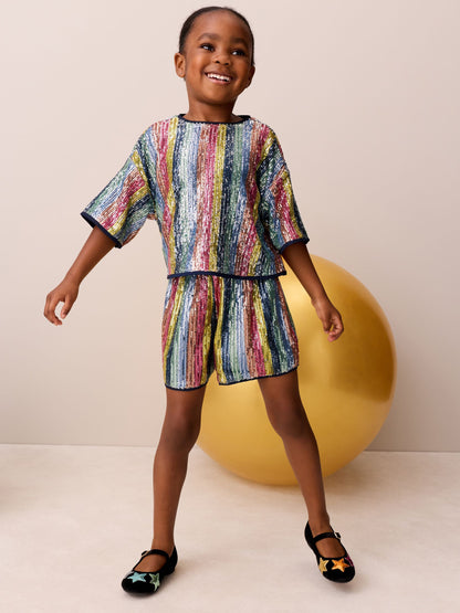 Little Bird by Jools Oliver Rainbow Stripe Sequin T-Shirt & Shorts Set - image 4