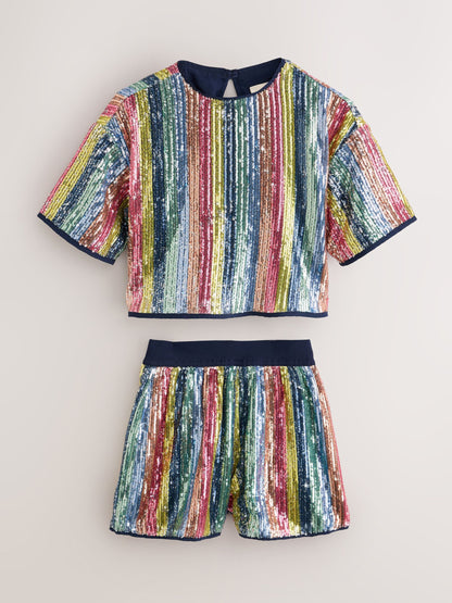Little Bird by Jools Oliver Rainbow Stripe Sequin T-Shirt & Shorts Set - image 7