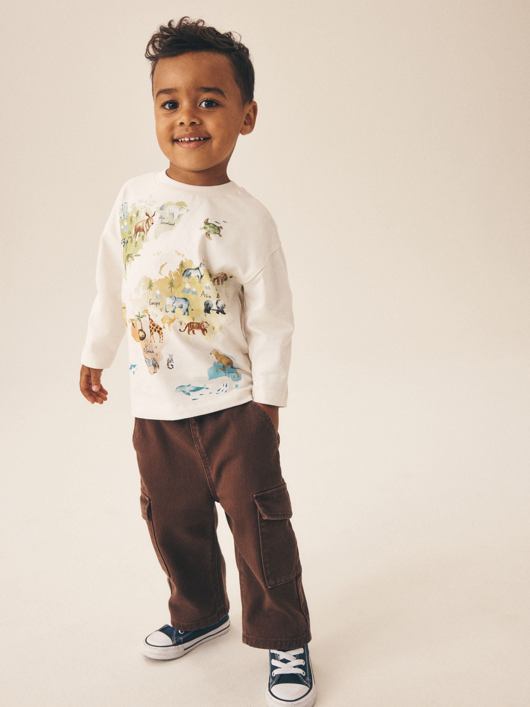 Dsiney Kidz - Cream Watercolour World Map Long Sleeve All Over Print T-Shirt (3mths-7yrs) image 1