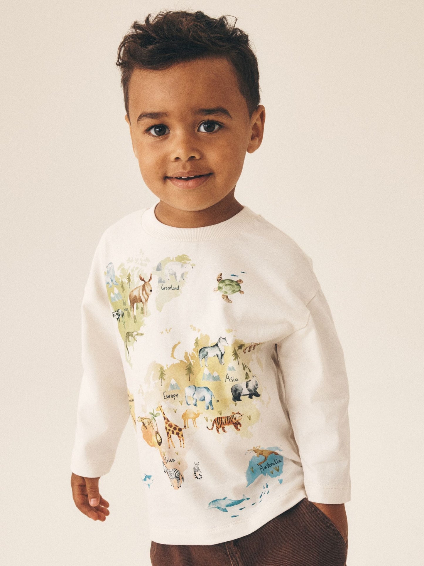 Dsiney Kidz - Cream Watercolour World Map Long Sleeve All Over Print T-Shirt (3mths-7yrs) image 2