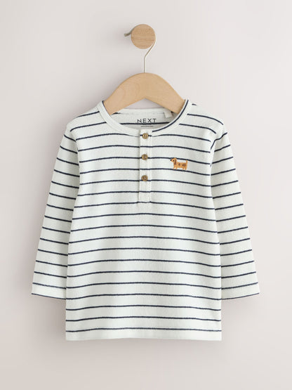 Dsiney Kidz - Navy/White Dog Embroidered Stripe Long Sleeve Henley Neck T-Shirt (3mths-7yrs) image 1