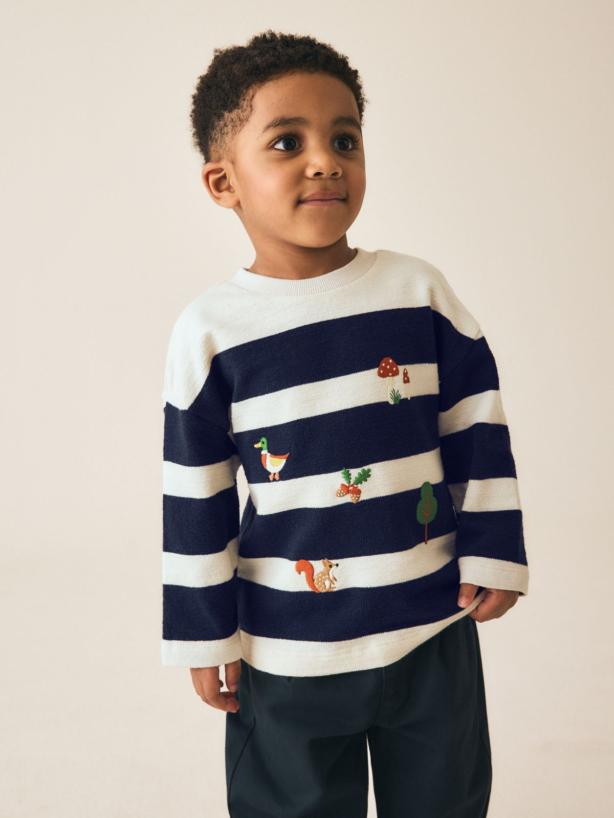Navy/White Woodland embroidered Long Sleeve Appliqué T-Shirt (3mths-7yrs) - image 1