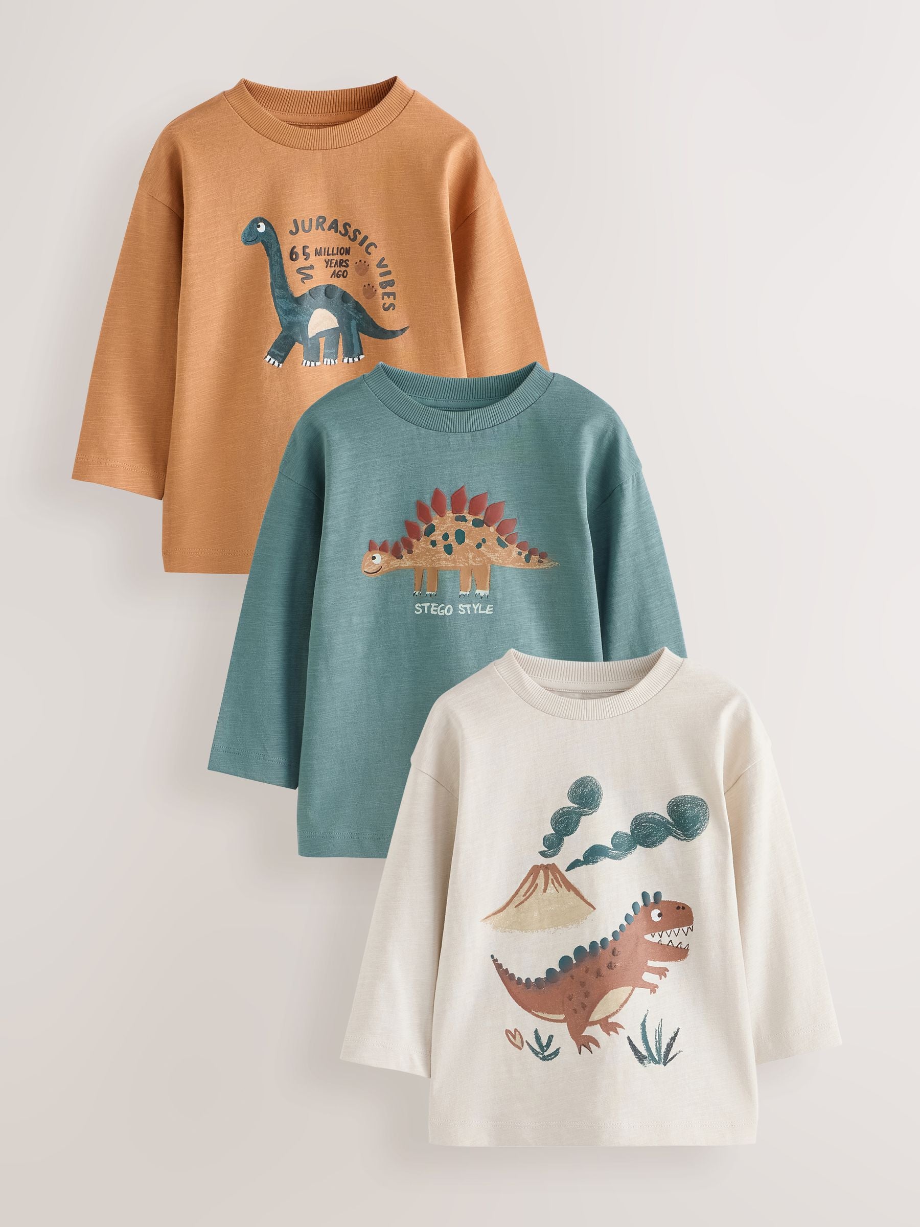 Dsiney Kidz - Brown Dinosaur Long Sleeve Graphic T-Shirts 3 Pack (3mths-7yrs) image 1