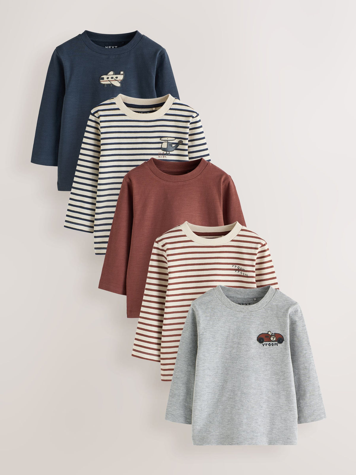 Dsiney Kidz - Navy Stripe Transport Long Sleeve T-Shirts 5 Pack (3mths-7yrs) image 1