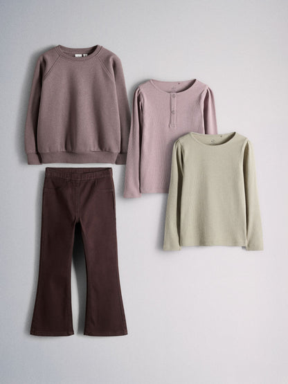 The Set 4 Piece Crew Neck Puff Sleeve Long Sleeve Rib Kickflare T-Shirt, Sweatshirt and Jeans Set Purple/Chocolate Brown/Light Green/Lilac - image 1