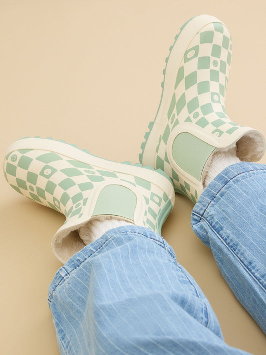 KIDLY by MORI Green Warm Waterproof Fur-Lined Ankle Wellie Boots Check image 1