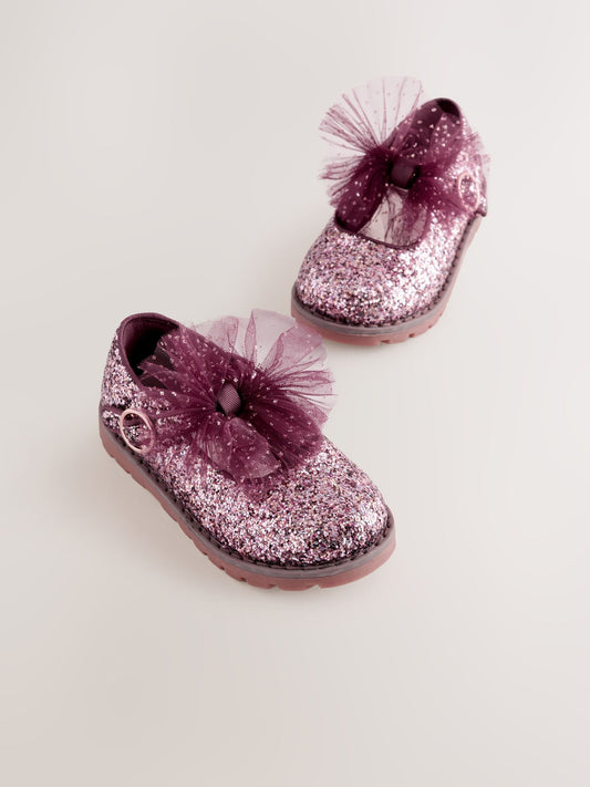 Dsiney Kidz - Burgundy Red Glitter Wide Fit (G) Chunky Bow Mary Jane Shoes image 1