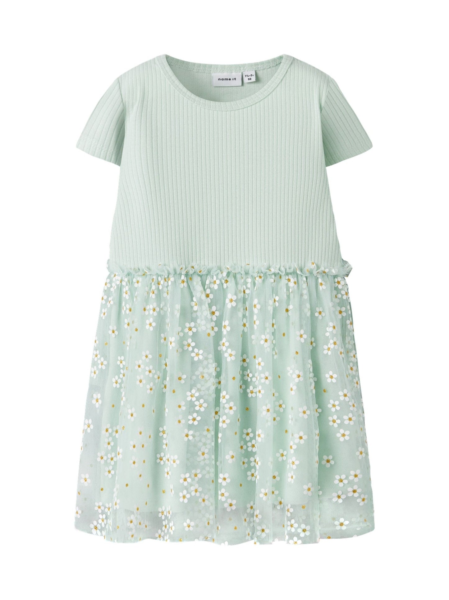 Name It Green Cotton Ribbed Short Sleeve Floral Tulle Dress image 1
