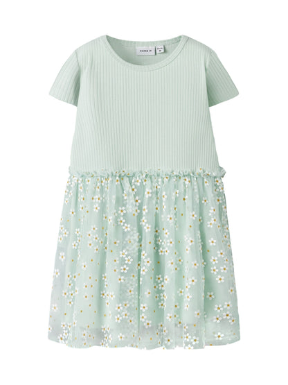 Name It Green Cotton Ribbed Short Sleeve Floral Tulle Dress image 1