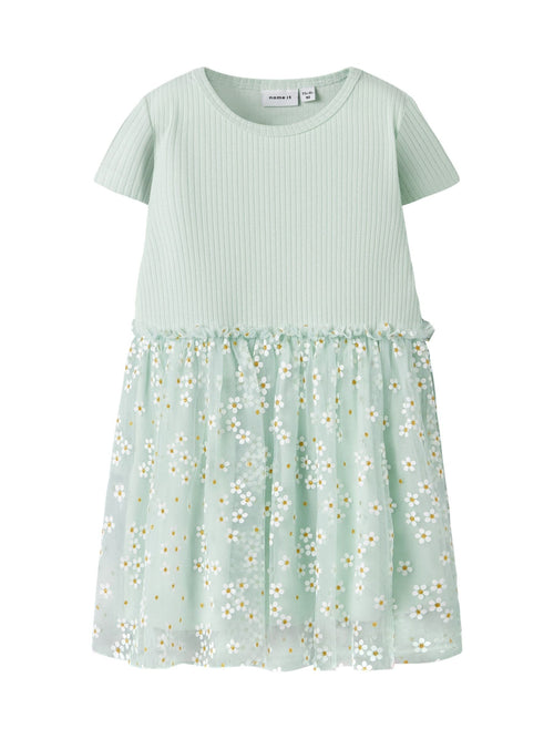 Name It Green Cotton Ribbed Short Sleeve Floral Tulle Dress image 1