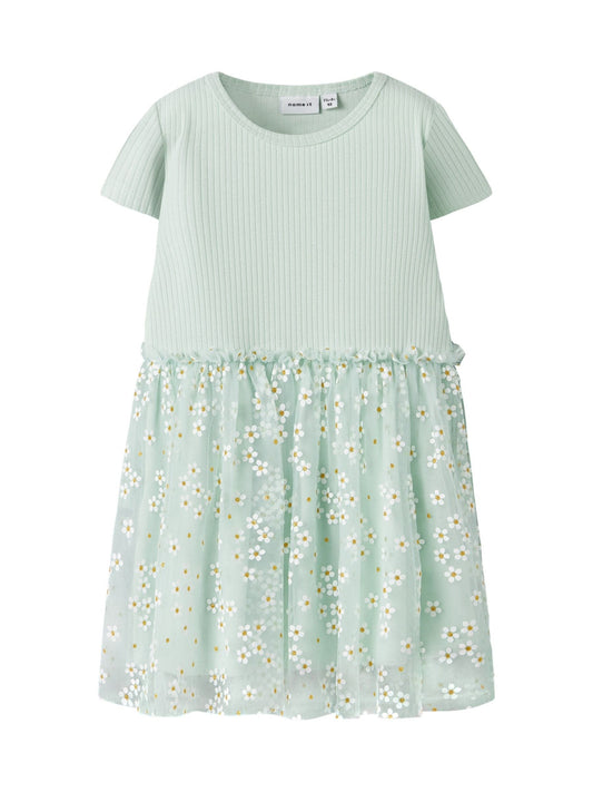 Name It Green Cotton Ribbed Short Sleeve Floral Tulle Dress image 1