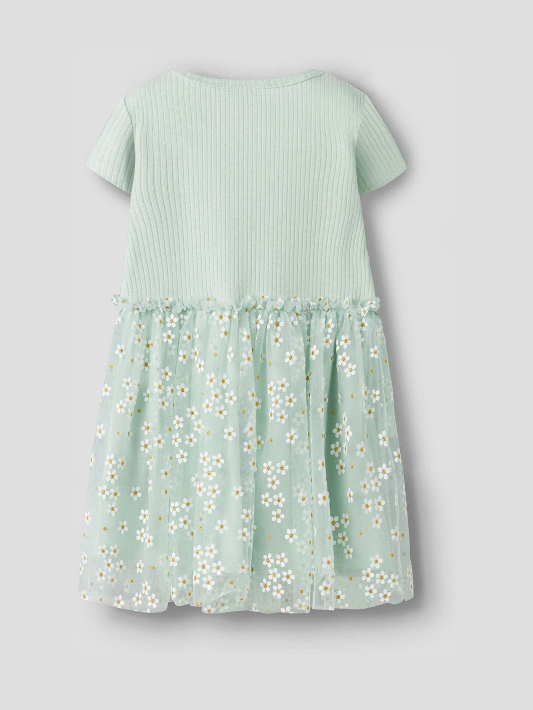 Name It Green Cotton Ribbed Short Sleeve Floral Tulle Dress image 2