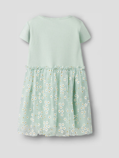 Name It Green Cotton Ribbed Short Sleeve Floral Tulle Dress image 2