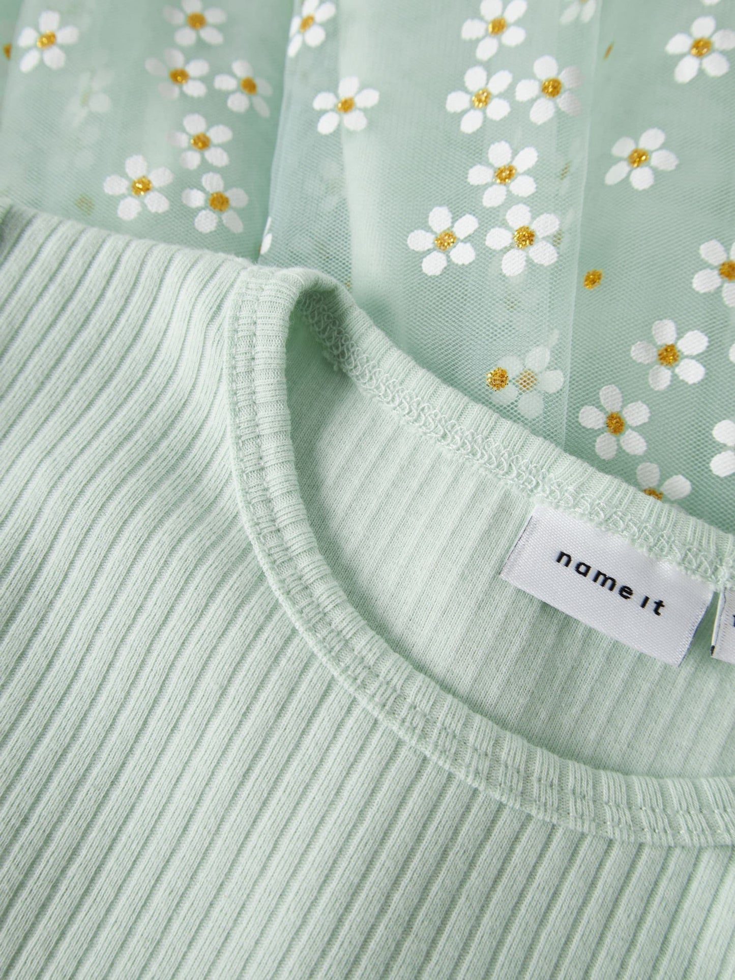 Name It Green Cotton Ribbed Short Sleeve Floral Tulle Dress image 3