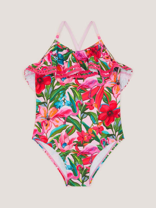 Monsoon Pink Flamingo Print Frill Swimsuit image 1