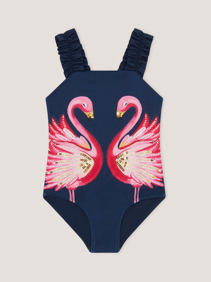 Monsoon Blue Sequin Flamingo Frill Swimsuit image 1