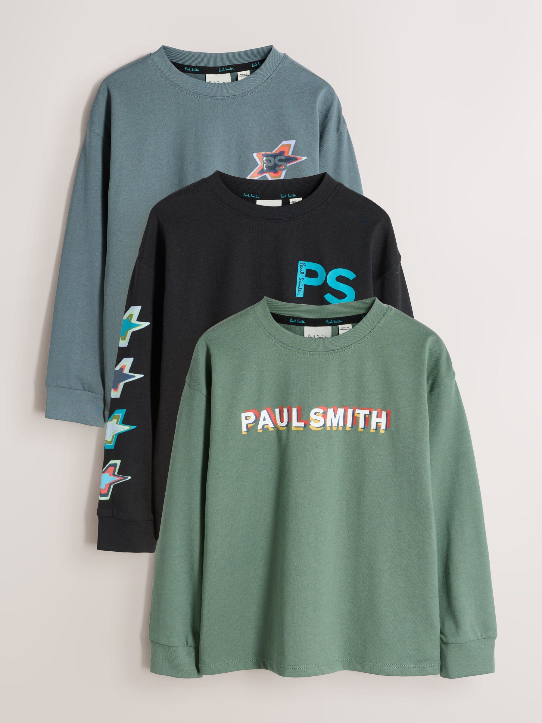 Dsiney Kidz - Paul Smith Junior Green/Black/Blue Long Sleeve Graphic T-Shirts 3 Pack image 1