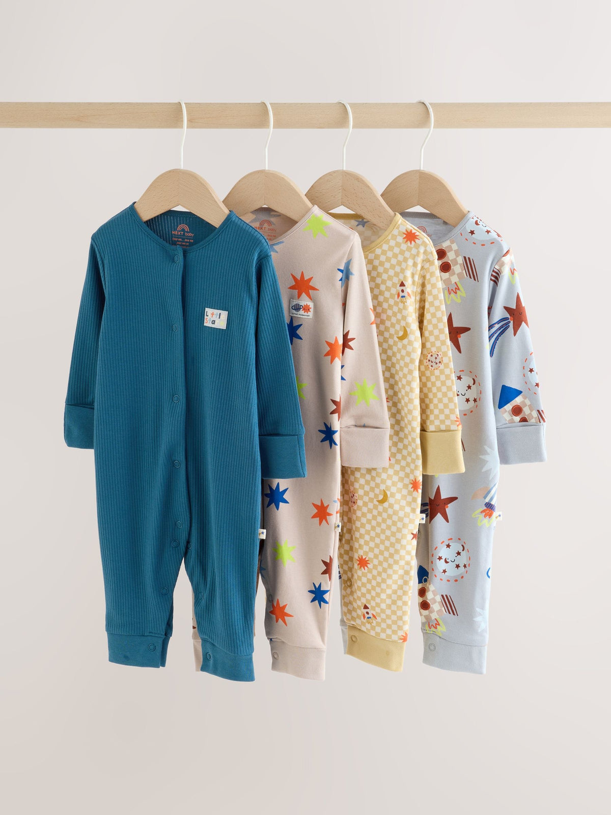 Navy/Yellow Space Two Way Zip Sleepsuits 4 Pack (0mths-3yrs) - image 1